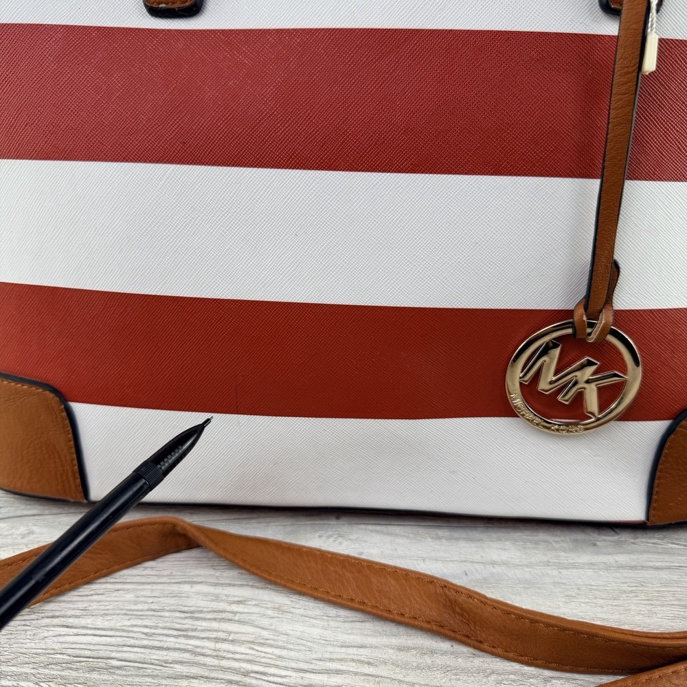 Michael Kors Red White Striped Satchel Crossbody Bag Gold Tone Charm Purse - Picture 16 of 16